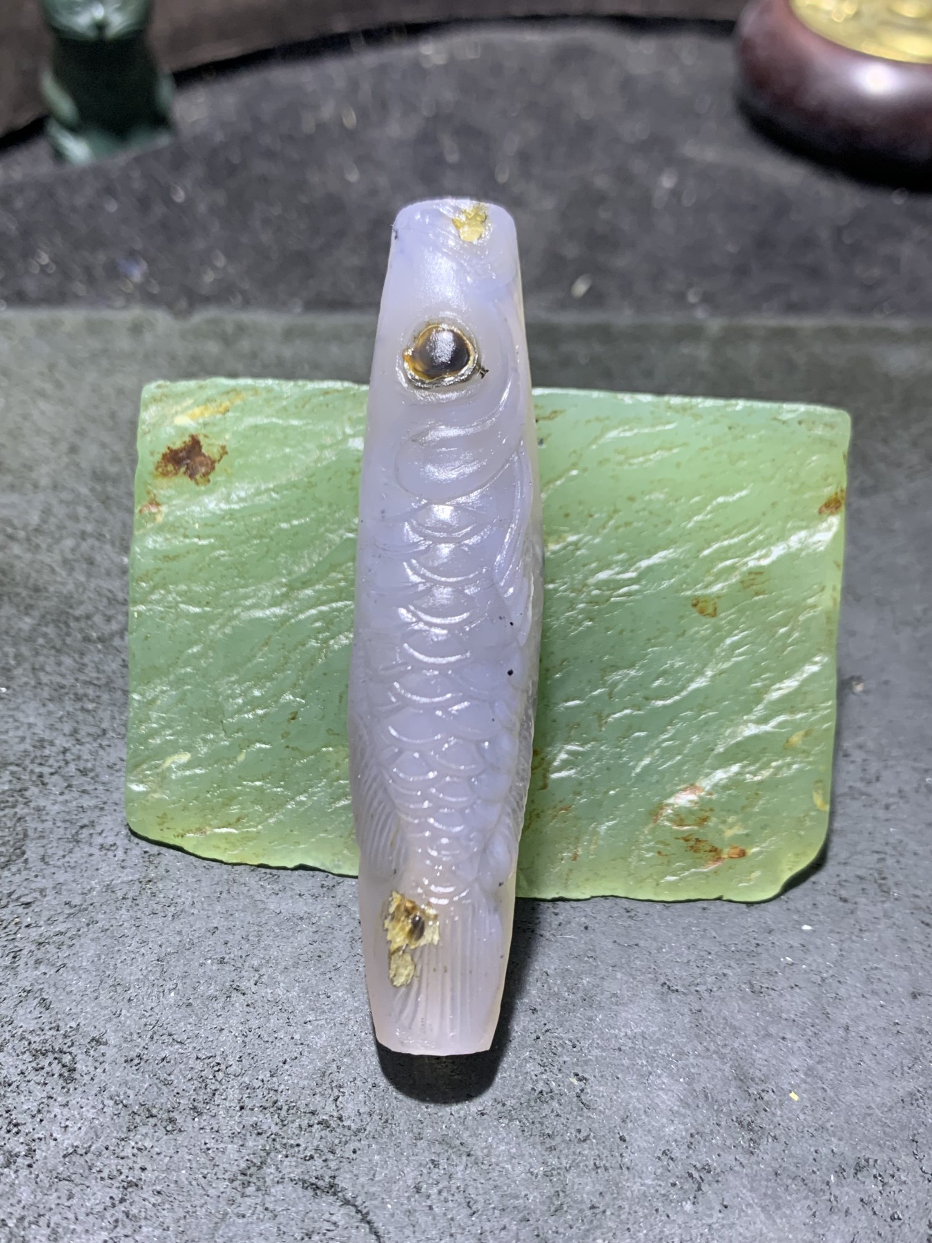 精美亚光高玉化冰飘巴西玛瑙手工俏色巧雕招财龙鱼大桶珠一个！