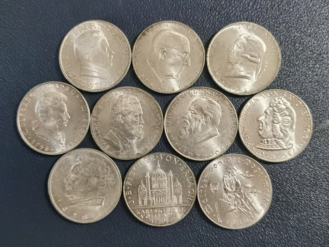 🎉🎊乐享宝藏💎💰~20240213专场 奥地利2先令银币10枚~奥地利总理恩格尔伯特·多尔福斯、政治家塞佩尔·伊格纳兹、作曲家约瑟夫·海顿、音乐家莫扎特、社会改革家卡尔·卢格尔、现代腹部外科的奠基人比尔罗特、奥地利皇家陆军元帅萨伏伊的尤金王子、作曲家舒伯特、圣查尔斯教堂竣工200周年、吟游诗人沃尔特·冯·德·沃格魏德