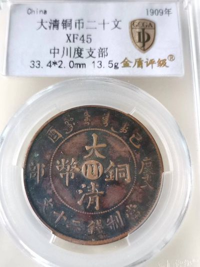 美品，大大清铜币，中心川，度支部，二十文，龙鳞几乎完美。 - 美品，大大清铜币，中心川，度支部，二十文，龙鳞几乎完美。