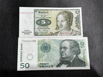 《外钞收藏家》第三百二十九期 - 德国5马克全新+挪威50克朗 非全新 两张