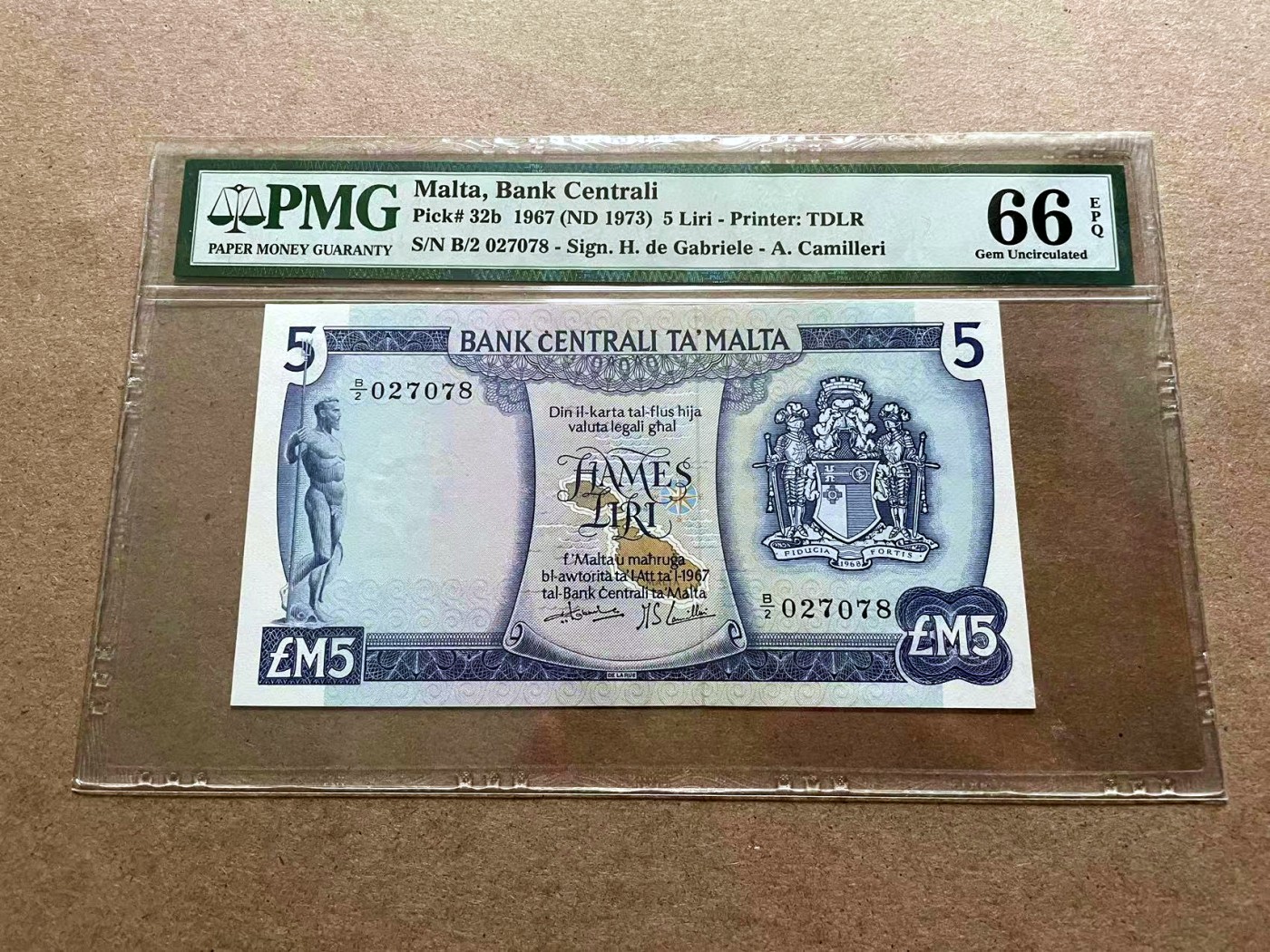 【Blue Auction】✨世界纸币精拍第418期【精】 【b版】马耳他 1973年5里拉 经典彩背 PMG66EPQ 