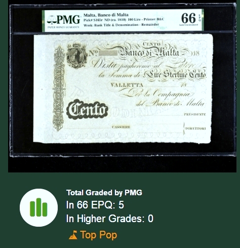 【Blue Auction】✨世界纸币精拍第418期【精】 【冠军分罕见】马耳他早期 1810年100里拉 高值 超大票幅 白镑风格 含版铭（selvage） 满版水印 PMG66EPQ 绝品 克劳斯仅给到XF参考价
