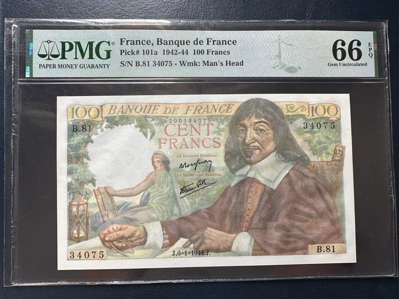 【Blue Auction】✨世界纸币精拍第418期【精】 法国 1944年1000法郎 笛卡尔 PMG66EPQ 