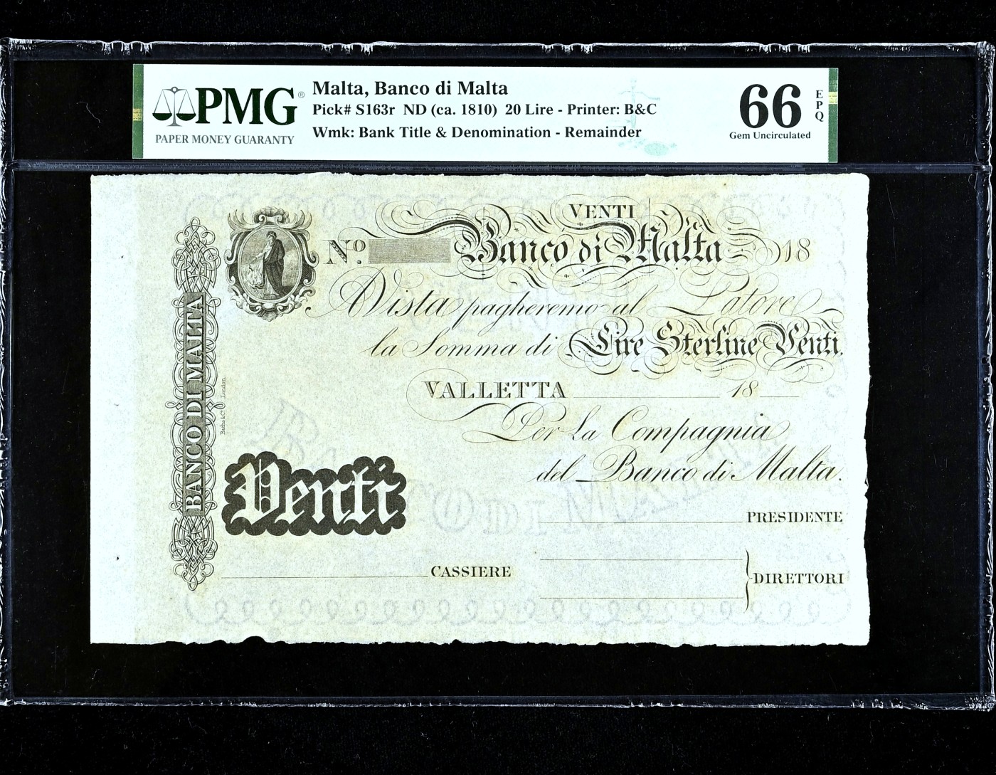 【Blue Auction】✨世界纸币精拍第418期【精】  【冠军分 仅2张罕见】马耳他早期 1810年20里拉 超大票幅 白镑风格  含版铭（selvage）  满版水印 PMG66EPQ 绝品 克劳斯仅给到XF参考价