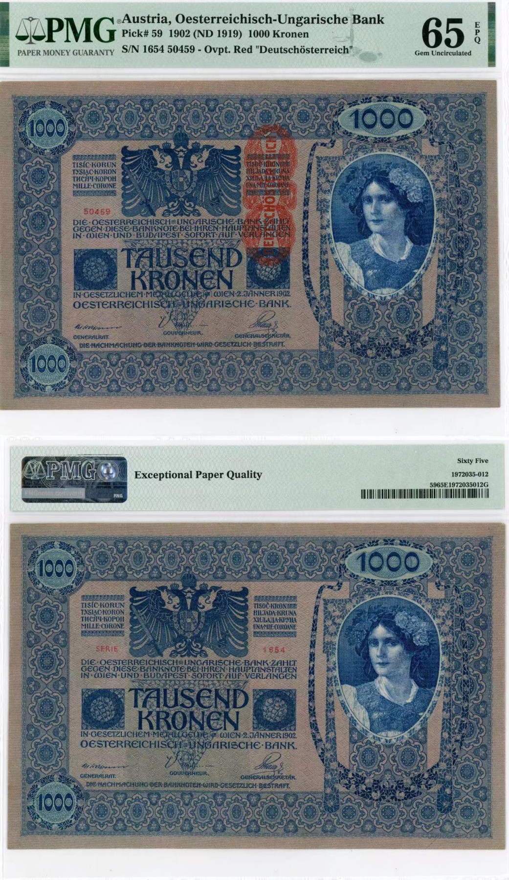 【Blue Auction】✨世界纸币精拍第418期【精】 奥地利 1919年1000克朗 超大票幅 PMG65EPQ 