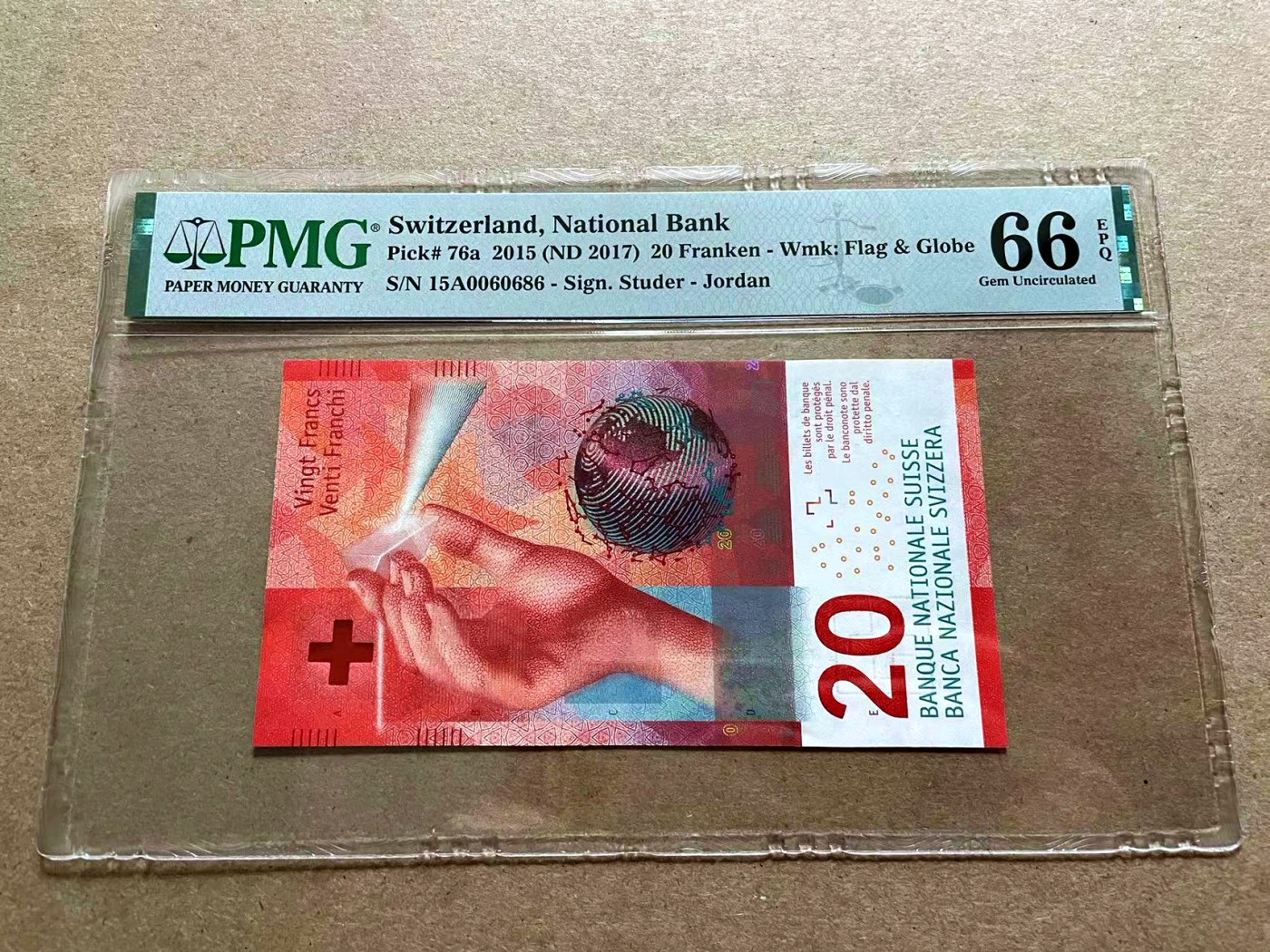 【Blue Auction】✨世界纸币精拍第418期【精】 【A冠倒置号】瑞士 2015年20法郎 PMG66EPQ 