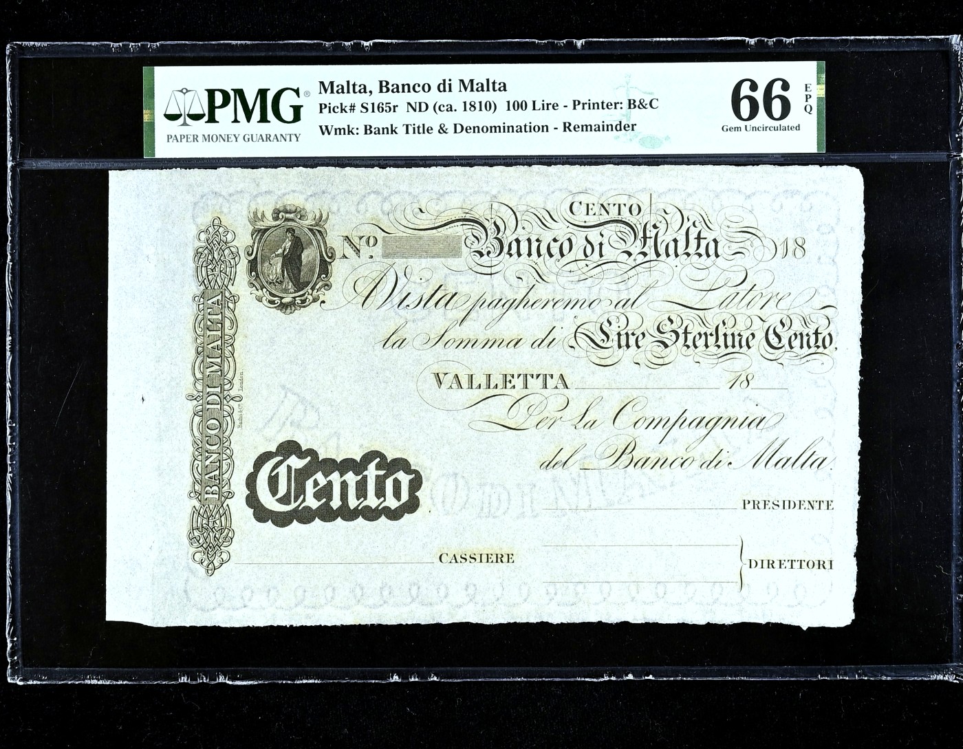 【Blue Auction】✨世界纸币精拍第418期【精】 【冠军分罕见】马耳他早期 1810年100里拉 高值 超大票幅 白镑风格 含版铭（selvage） 满版水印 PMG66EPQ 绝品 克劳斯仅给到XF参考价