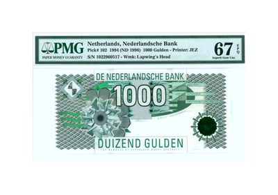 【Blue Auction】✨世界纸币精拍第418期【精】 - 【亚军分】荷兰 1994年1000盾 大齿轮 PMG67EPQ 高分 