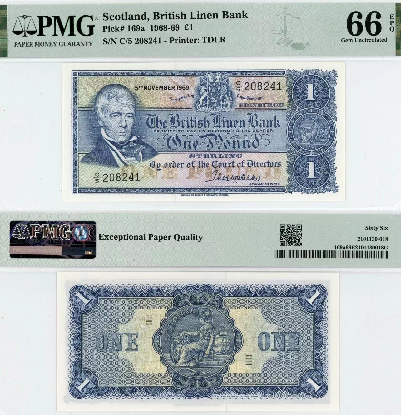 【Blue Auction】✨世界纸币精拍第418期【精】 苏格兰 1969年1镑 PMG66EPQ 