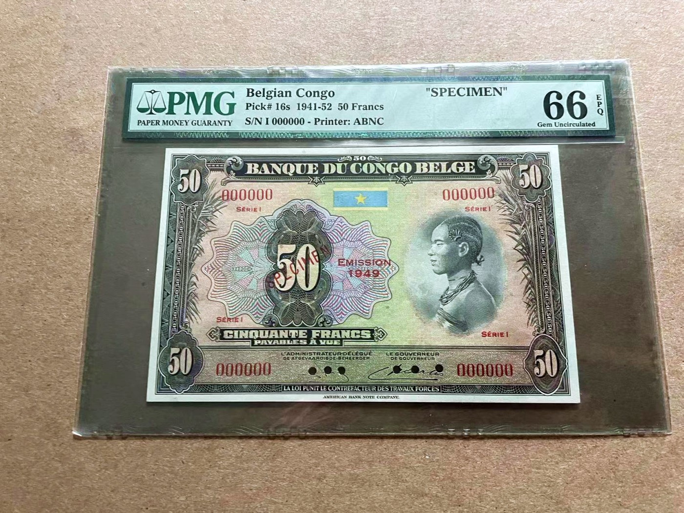 【Blue Auction】✨世界纸币精拍第418期【精】 【样钞】比属刚果 1949年50法郎 美钞公司经典——丛林豹 PMG66EPQ 豹子图案完整 雕刻神态威严 步伐霸气  