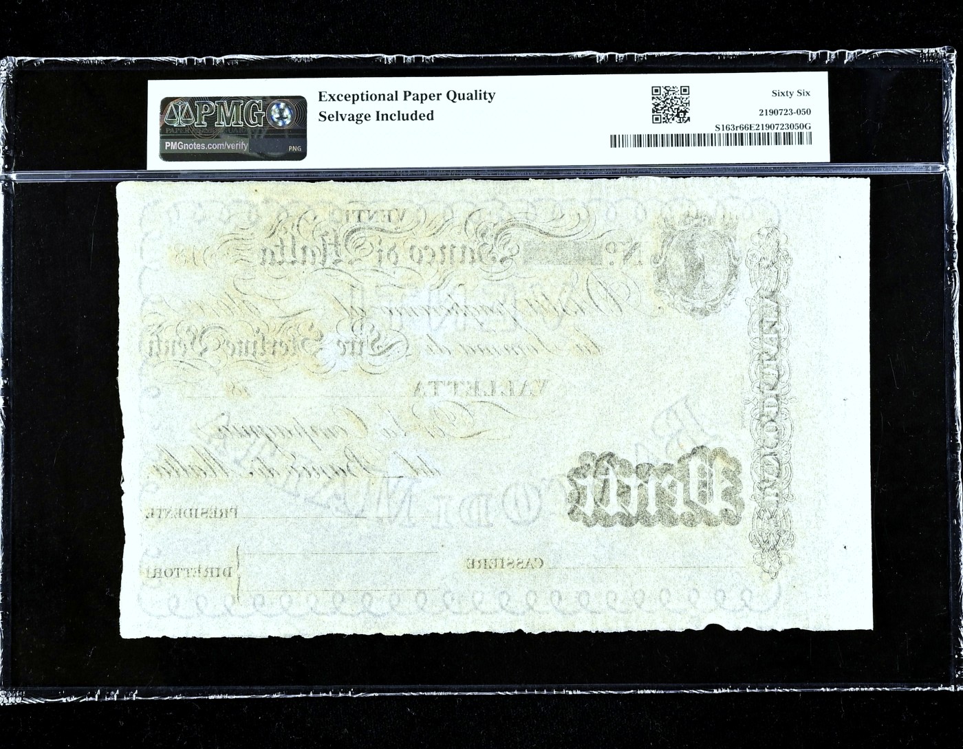 【Blue Auction】✨世界纸币精拍第418期【精】  【冠军分 仅2张罕见】马耳他早期 1810年20里拉 超大票幅 白镑风格  含版铭（selvage）  满版水印 PMG66EPQ 绝品 克劳斯仅给到XF参考价