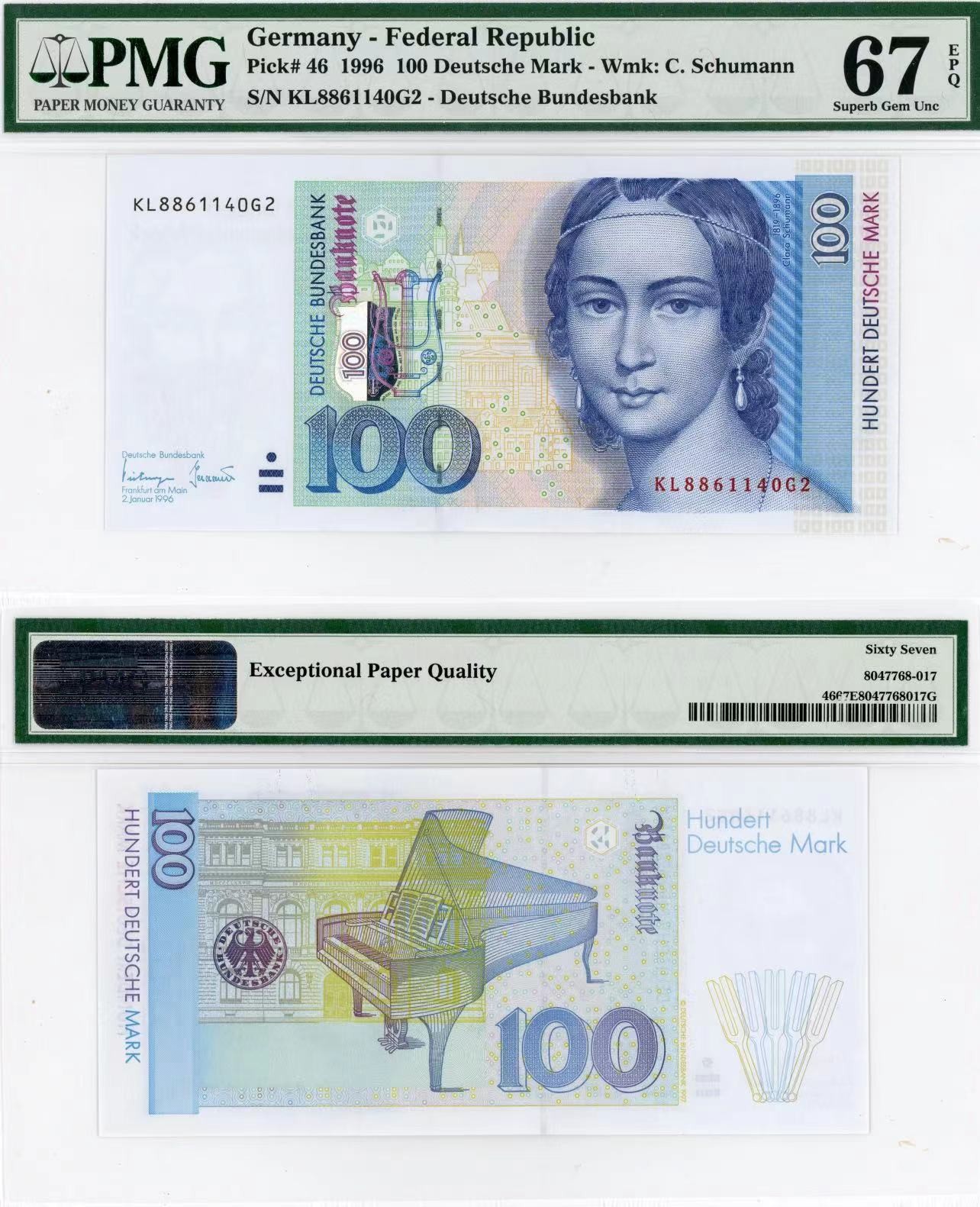 【Blue Auction】✨世界纸币精拍第418期【精】 德国 1996年100马克 PMG67EPQ 克拉拉