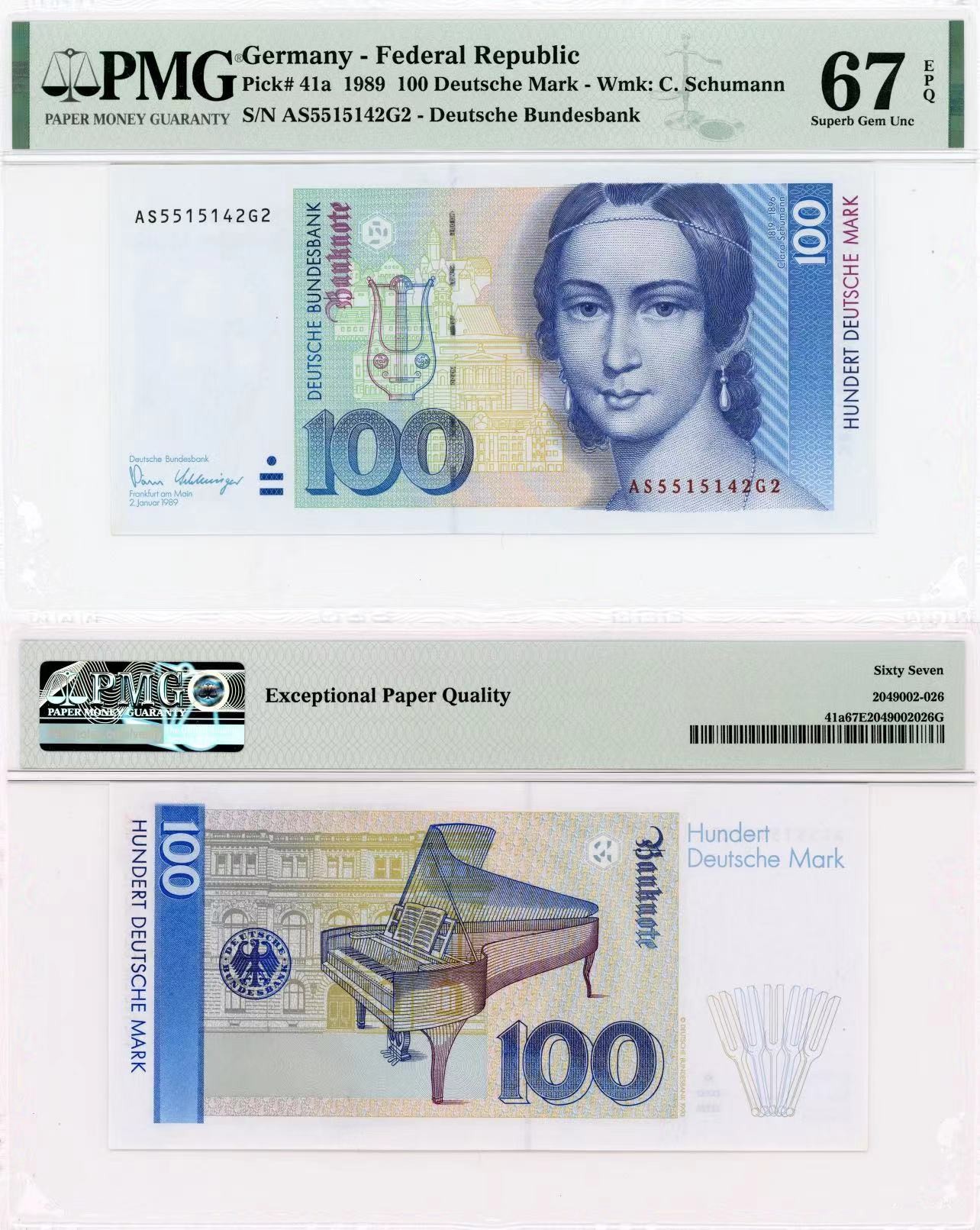 【Blue Auction】✨世界纸币精拍第418期【精】 【初版】德国 1989年100马克 PMG67EPQ 克拉拉