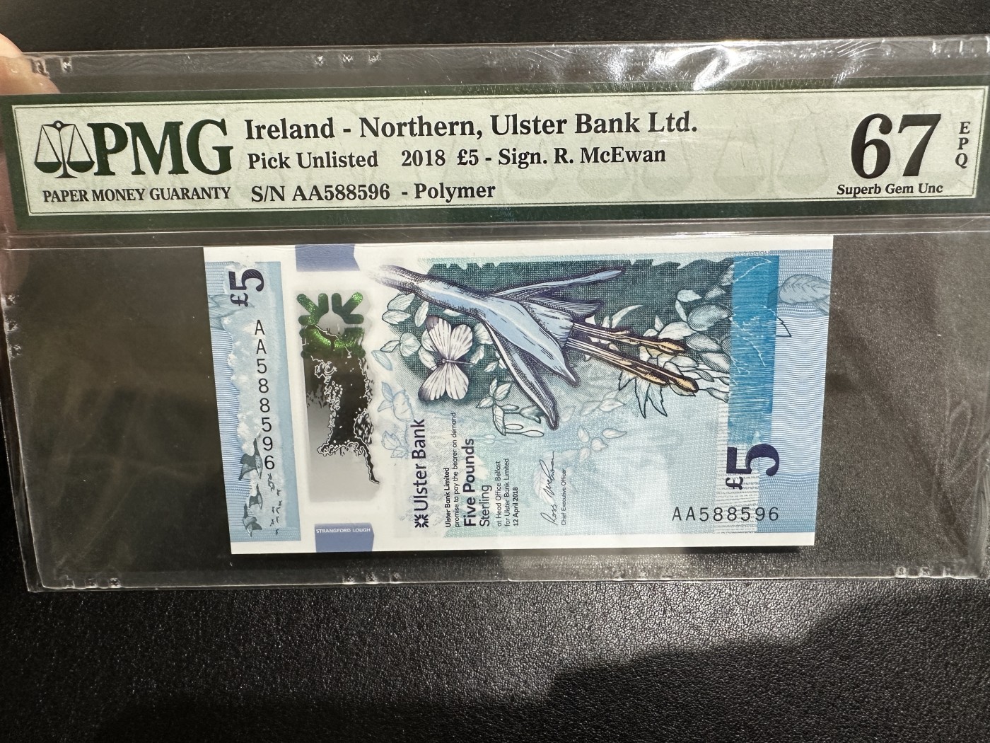《外钞收藏家》第三百二十九期 2018年北爱尔兰5镑 PMG67 首发AA冠 无47靓号