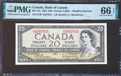 世界靓号纸钞第三十八期-最佳纸币＆女王 - 1954年加拿大20元 很早期女王头像  PMG66