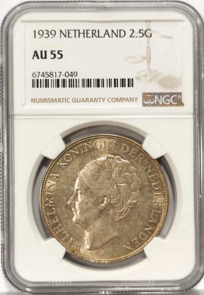 博洋堂世界钱币拍卖第140期（全场包邮） - NGC AU55 荷兰1939年威廉明娜女王2.5盾大银币