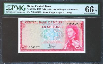 世界靓号纸钞第三十八期-最佳纸币＆女王 - 1968年马耳他10先令 戎装女王 首发A1冠 千位号无3457 PMG66