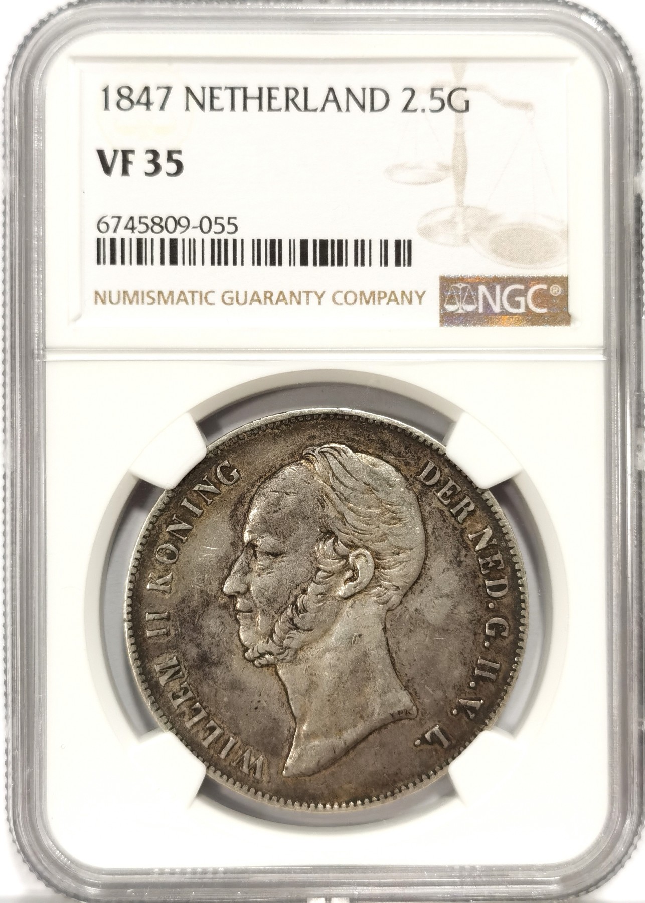 博洋堂世界钱币拍卖第060期（全场包邮） NGC VF 荷兰1847年威廉二世长脖子2.5盾大银币，传世包浆