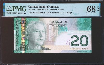 世界靓号纸钞第三十八期-最佳纸币＆女王 - 2004年加拿大20元 首发AYR 全程无47 PMG68 超高分 2004年世界最佳纸币 也是IBNS唯一一张获奖的英国女王纸币