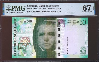 世界靓号纸钞第三十八期-最佳纸币＆女王 - 2007年苏格兰50镑 首发AA冠 全程无47尾8 尾8008非常漂亮 PMG67 2007年世界最佳纸币 稀有品种且不好出分