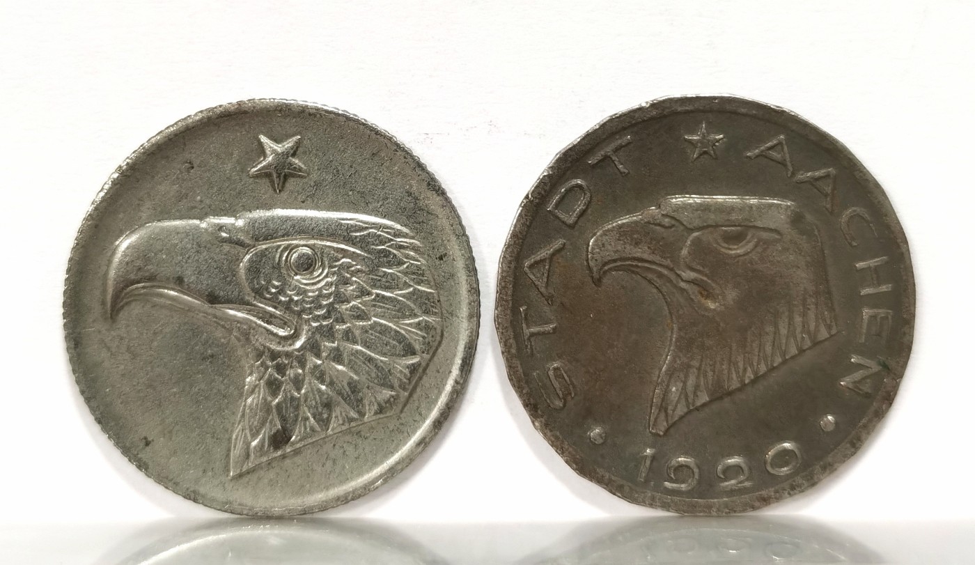 博洋堂世界钱币拍卖第060期（全场包邮） 德紧亚琛1920年名誉品大嘴鹰50芬尼，两个版别，两款造型，两种边齿，好品两枚，性价比首选