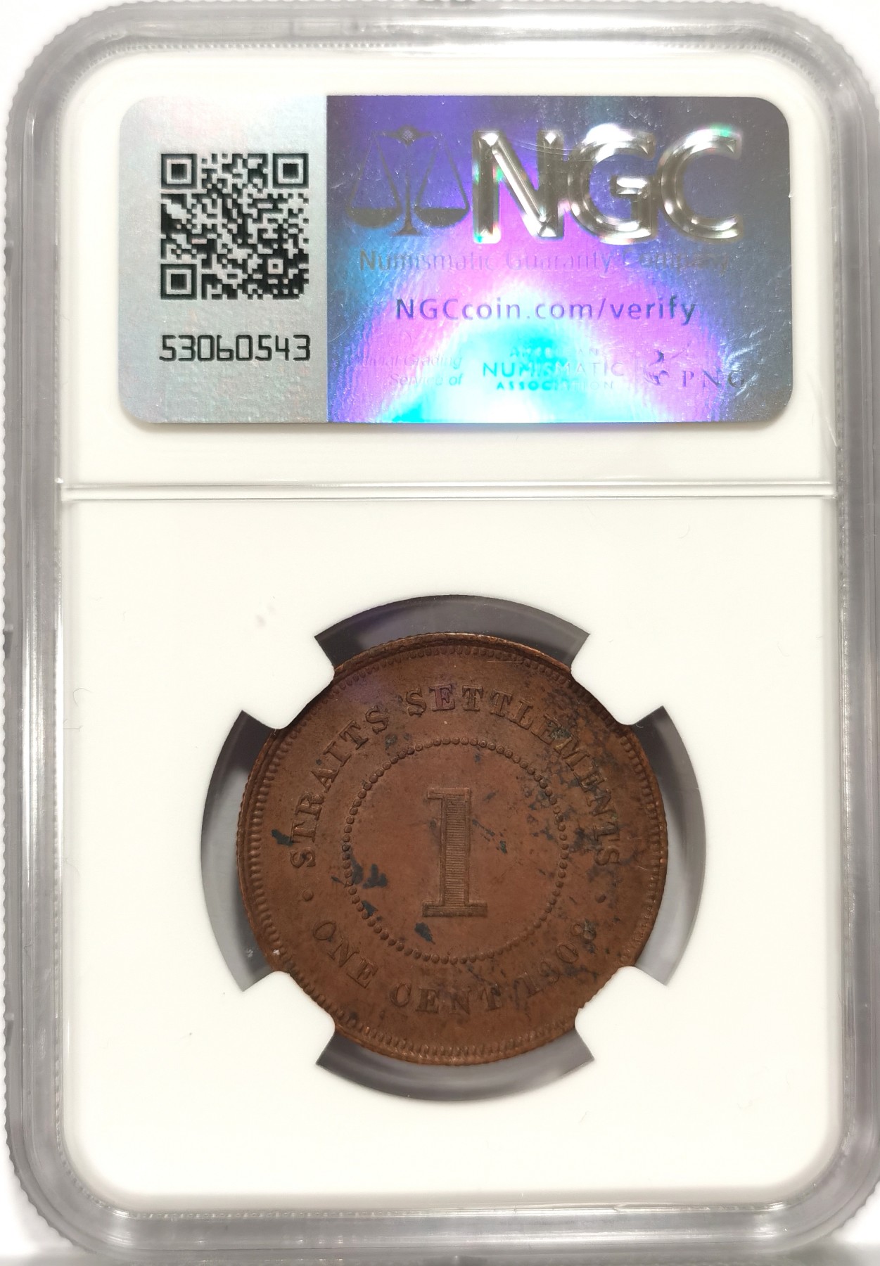 博洋堂世界钱币拍卖第060期（全场包邮） NGC MS61BN 海峡殖民地1908年爱德华七世1分铜币