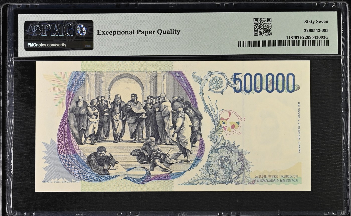 🌗乐淘淘世界纸币收藏拍卖 第38期🌓 【XA109610A】意大利1997年纸币 500000里拉 拉斐尔 稀少补号 倒置号 PMG67EPQ 冠军分！