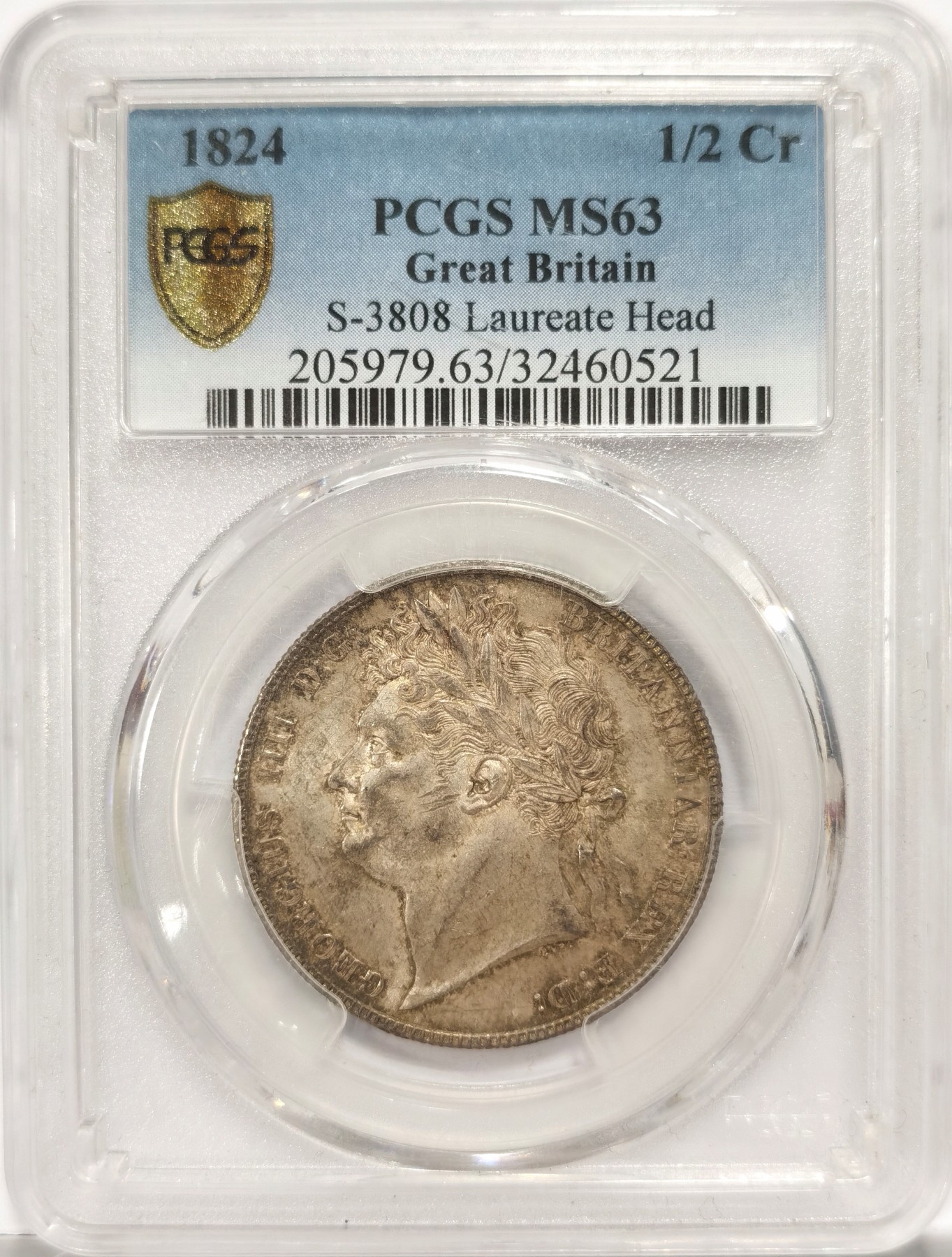 博洋堂世界钱币拍卖第060期（全场包邮） 英国1824年乔治四世嘉德版半克朗银币 ，PCGS-MS63。乔四半克朗中最难的图案系列，流通版只有1823和1824两个年份，1824略少，bu好品非常难得。PCGS亚军分，上MS的只有个位数