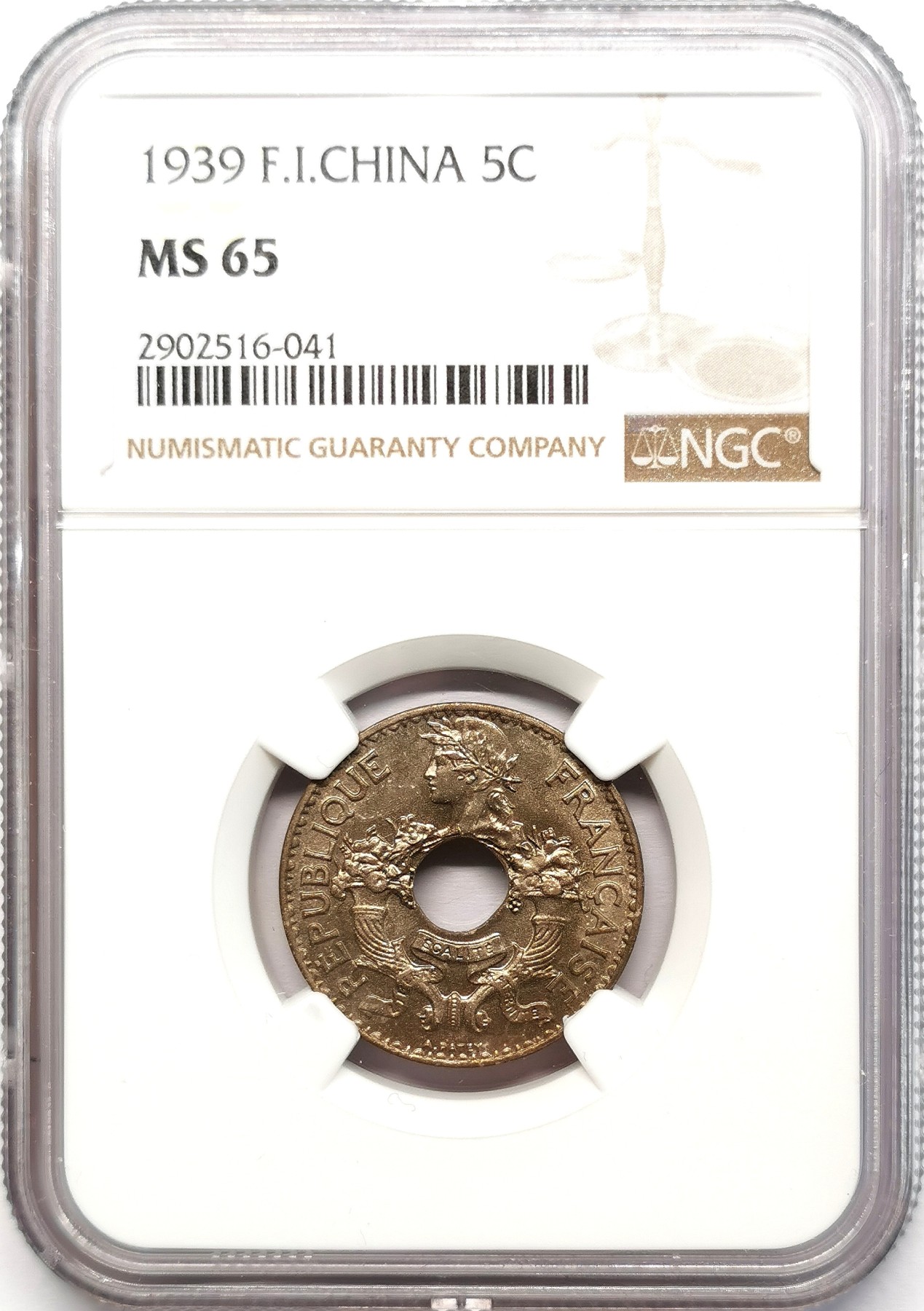 凡希社世界钱币微拍第二百五十八期 1939法属印度支那中孔5分NGC-MS65高分顶级品！