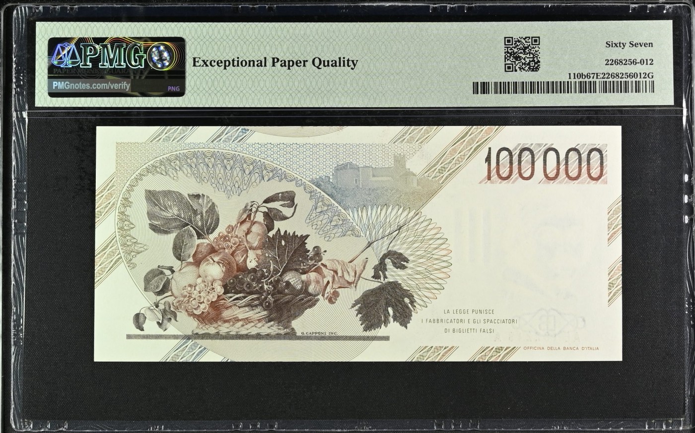 🌗乐淘淘世界纸币收藏拍卖 第38期🌓 【AE182219A】意大利1983年纸币 100000里拉 无47 卡拉瓦乔 PMG67EPQ 冠军分！