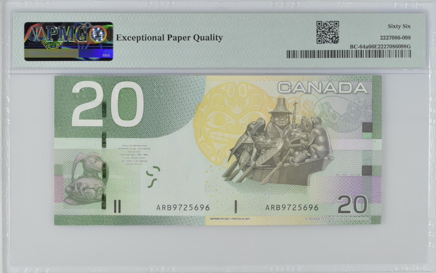 收藏联盟Quantum Auction 第318期拍卖  加拿大2004-07年20元 PMG66 号码无4 首发年份 海达群岛的精神