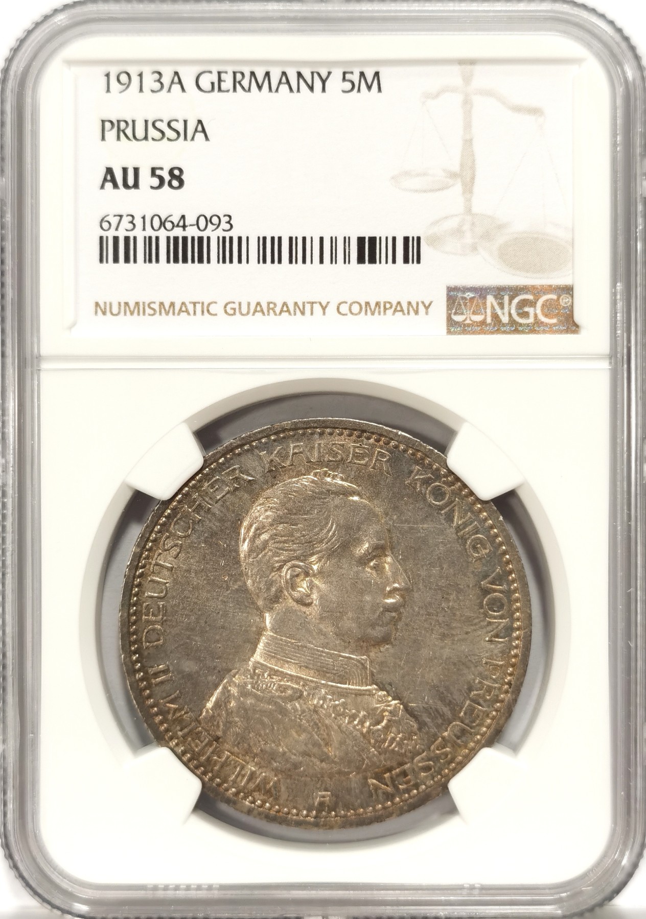 博洋堂世界钱币拍卖第060期（全场包邮） NGC AU58 德国普鲁士1913年威廉二世戎装5马克大银币