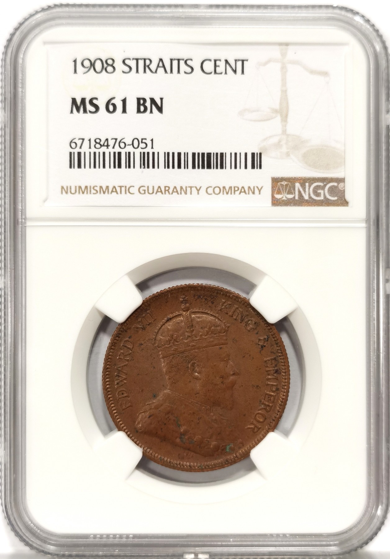 博洋堂世界钱币拍卖第060期（全场包邮） NGC MS61BN 海峡殖民地1908年爱德华七世1分铜币
