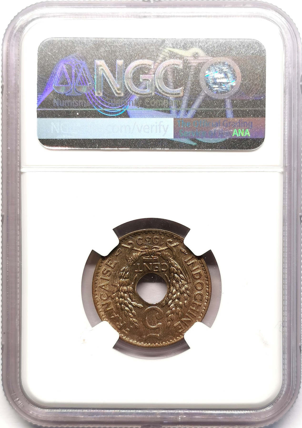 凡希社世界钱币微拍第二百五十八期 1939法属印度支那中孔5分NGC-MS65高分顶级品！