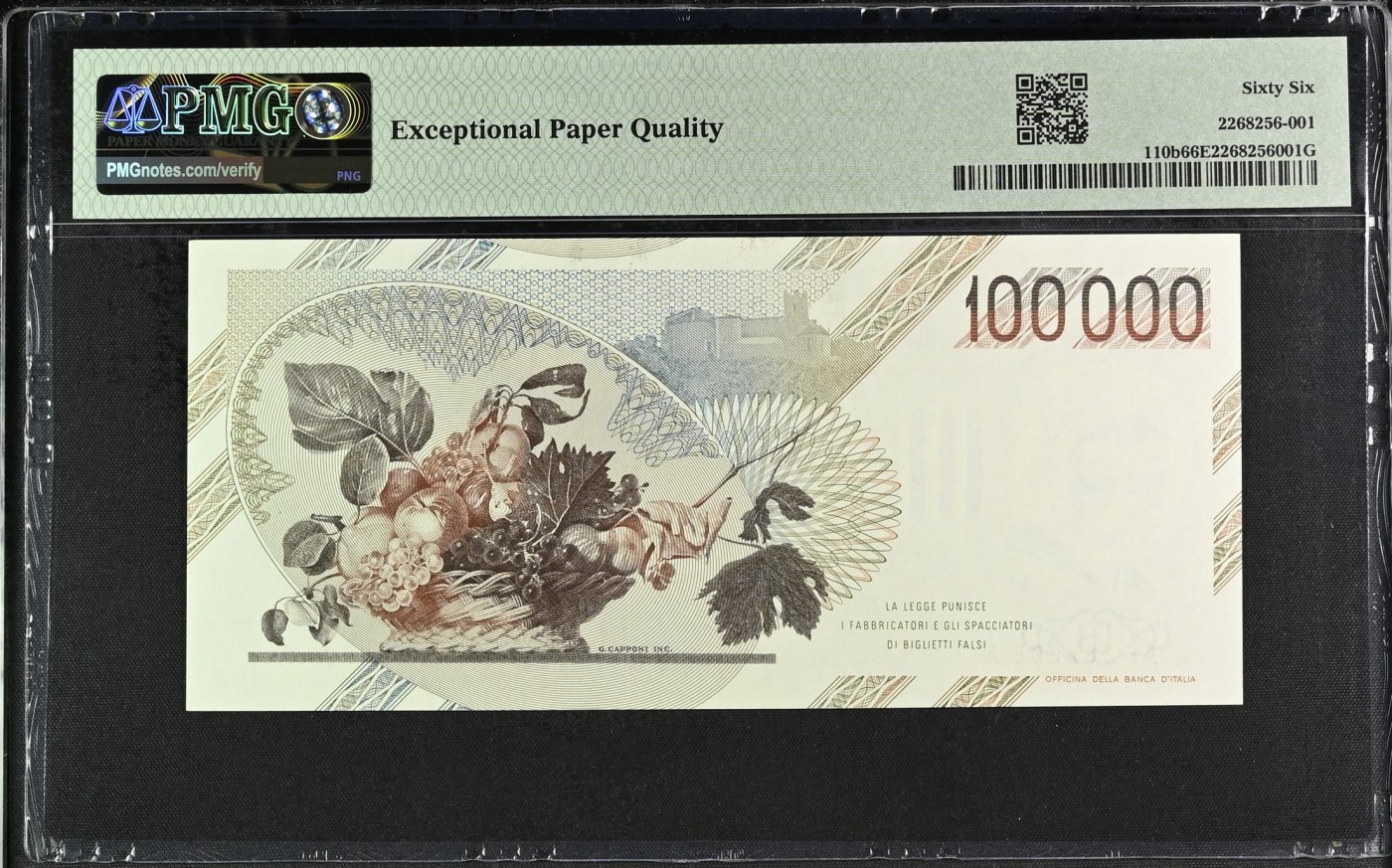 🌗乐淘淘世界纸币收藏拍卖 第38期🌓 【AE182208A】意大利1983年纸币 100000里拉 无47 卡拉瓦乔 PMG66EPQ