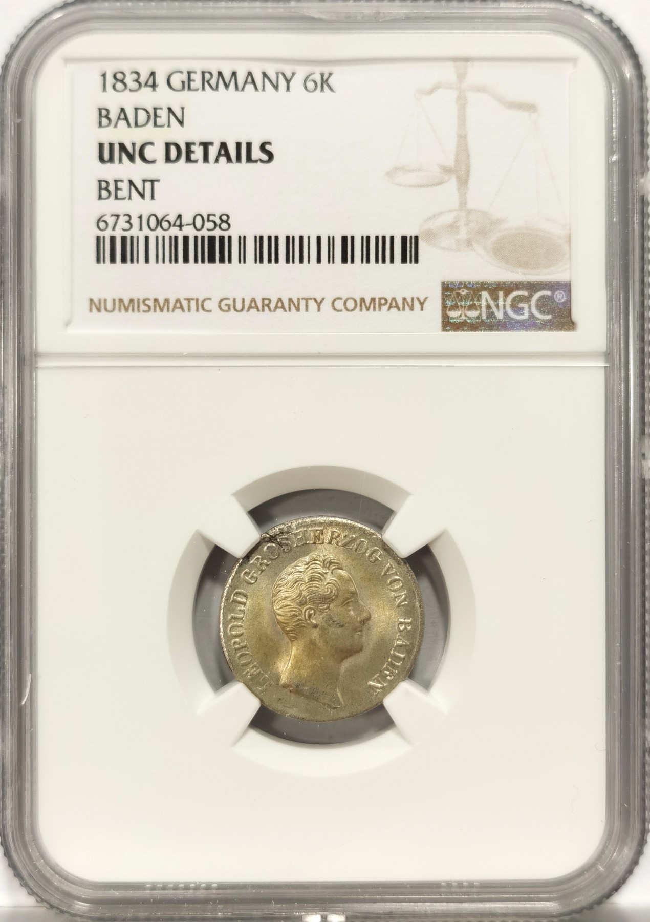 博洋堂世界钱币拍卖第060期（全场包邮） NGC UNC 德国巴登1834年6K银币