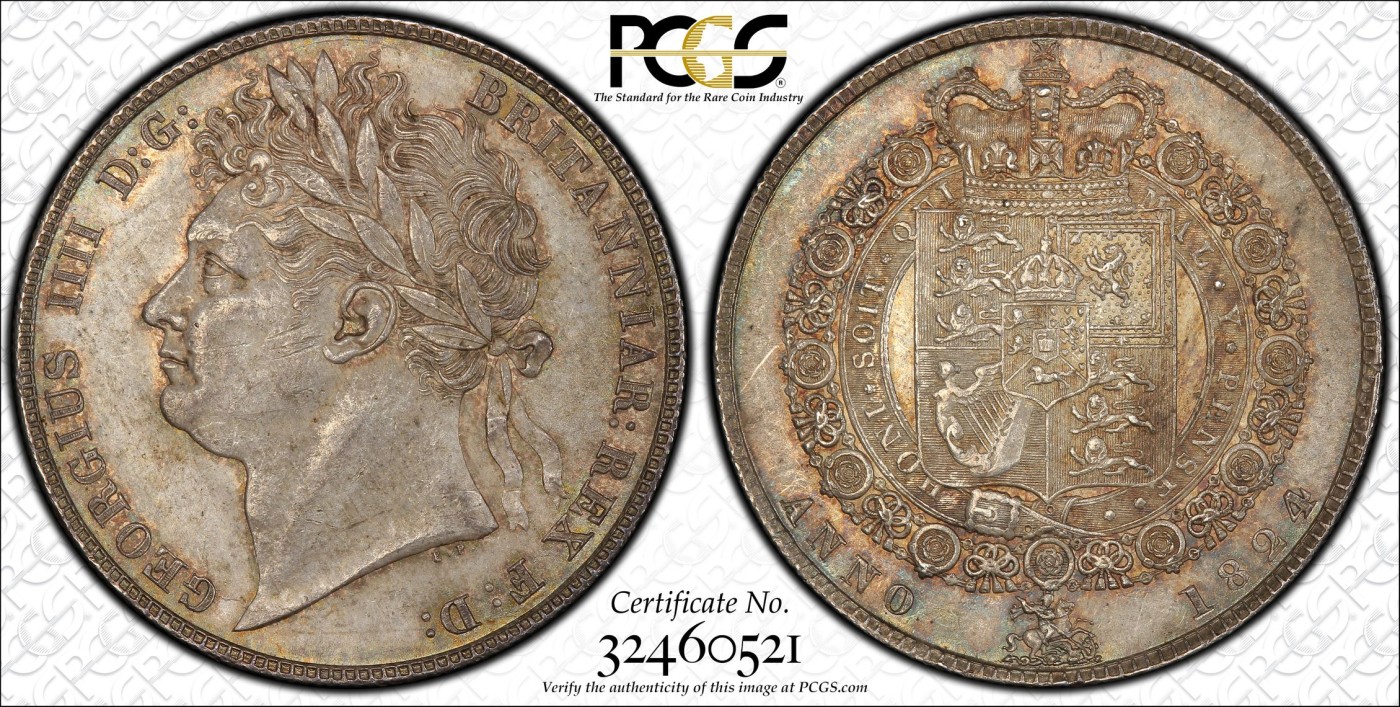 博洋堂世界钱币拍卖第060期（全场包邮） 英国1824年乔治四世嘉德版半克朗银币 ，PCGS-MS63。乔四半克朗中最难的图案系列，流通版只有1823和1824两个年份，1824略少，bu好品非常难得。PCGS亚军分，上MS的只有个位数