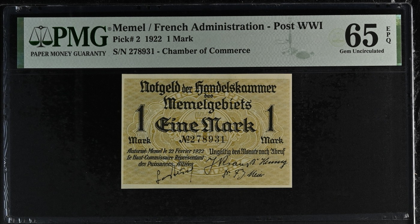 收藏联盟Quantum Auction 第318期拍卖  梅梅尔(立陶宛克莱佩达港)1922年1马克 PMG65