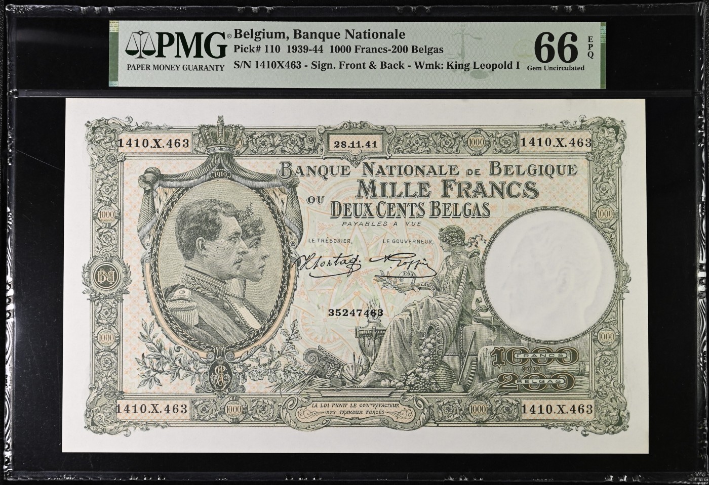 收藏联盟Quantum Auction 第318期拍卖  比利时1939-44年1000法郎 PMG66 超大票幅 高分少见