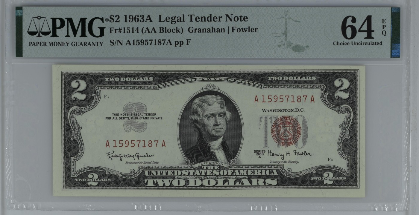 收藏联盟Quantum Auction 第318期拍卖  美国政府券1963年2元 PMG64e 