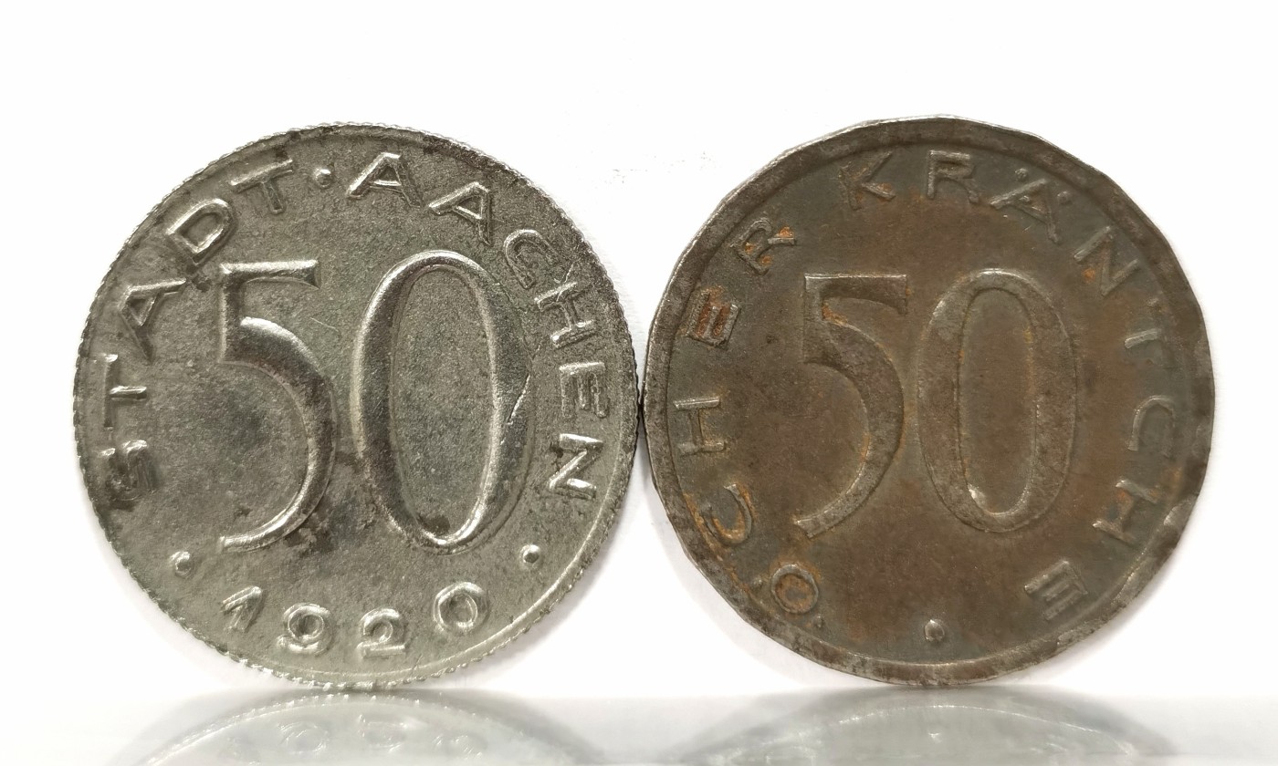 博洋堂世界钱币拍卖第060期（全场包邮） 德紧亚琛1920年名誉品大嘴鹰50芬尼，两个版别，两款造型，两种边齿，好品两枚，性价比首选