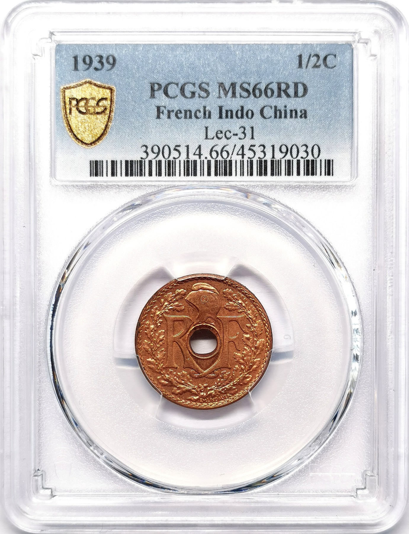 凡希社世界钱币微拍第二百五十八期 1939法属印度支那中孔1/2分铜币PCGS-MS66RD原色红铜光保存极佳！