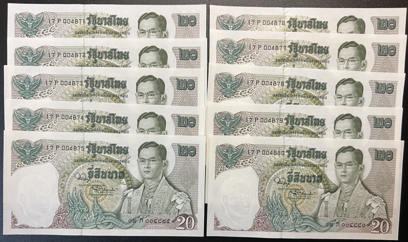 🌗乐淘淘世界纸币收藏拍卖 第38期🌓 【刀拆十连】泰国1971年纸币十张 20泰铢 龙舟 部分边缘有斑 UNC