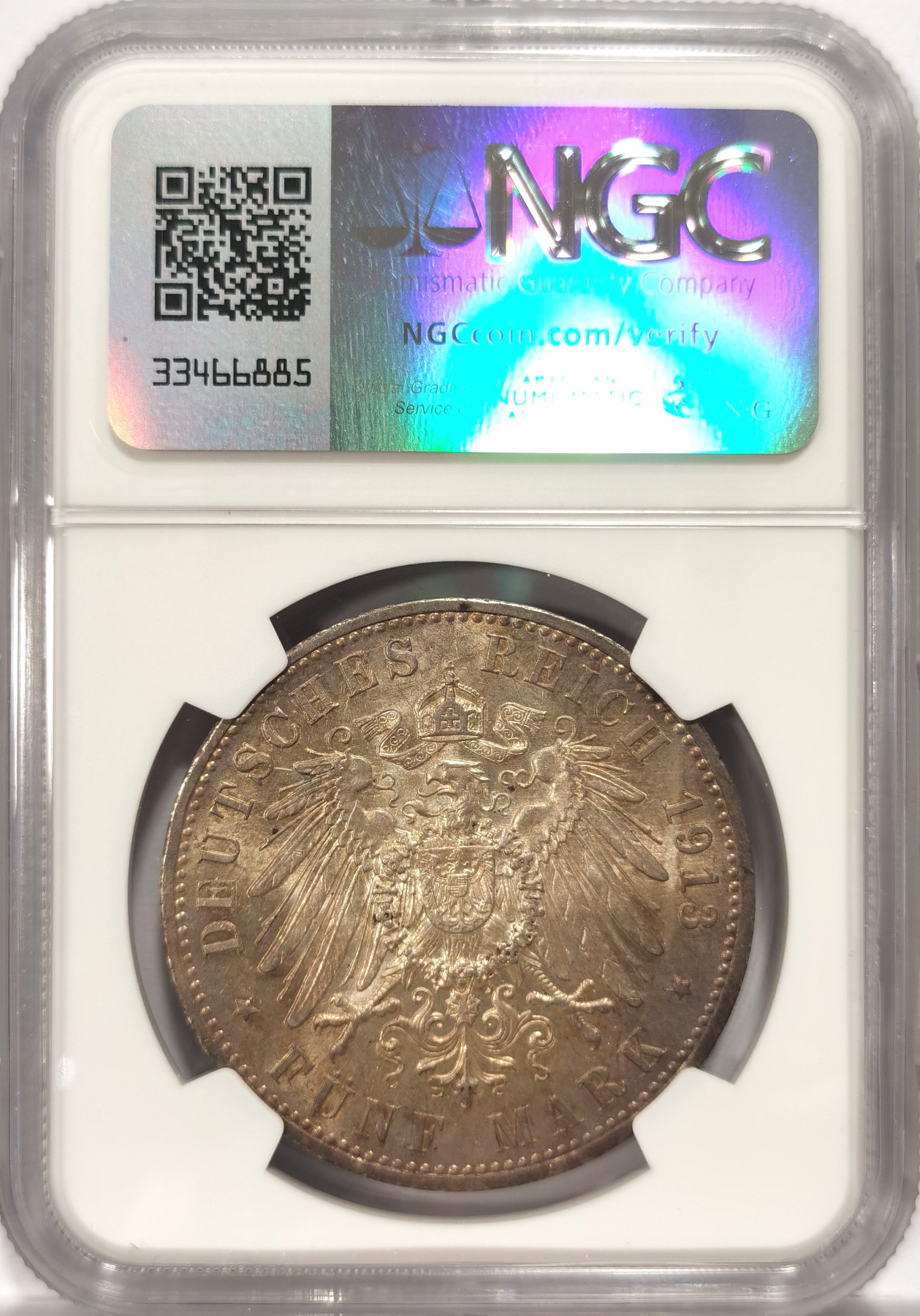 博洋堂世界钱币拍卖第060期（全场包邮） NGC AU58 德国普鲁士1913年威廉二世戎装5马克大银币