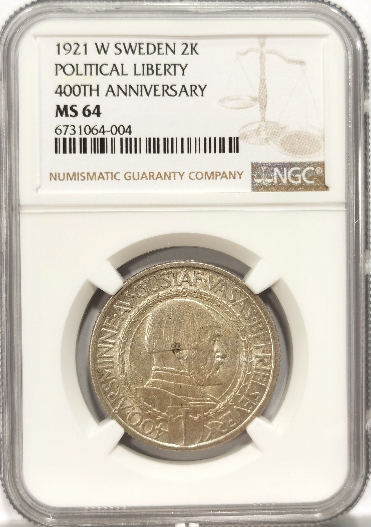 博洋堂世界钱币拍卖第060期（全场包邮） NGC MS64 瑞典1921年政治自由400周年2克朗银币