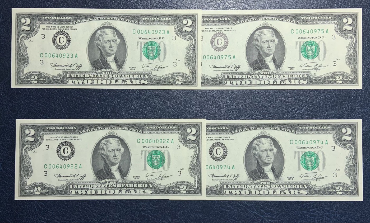 收藏联盟Quantum Auction 第318期拍卖  美国联邦储备券1976年2元4张 品相全新UNC