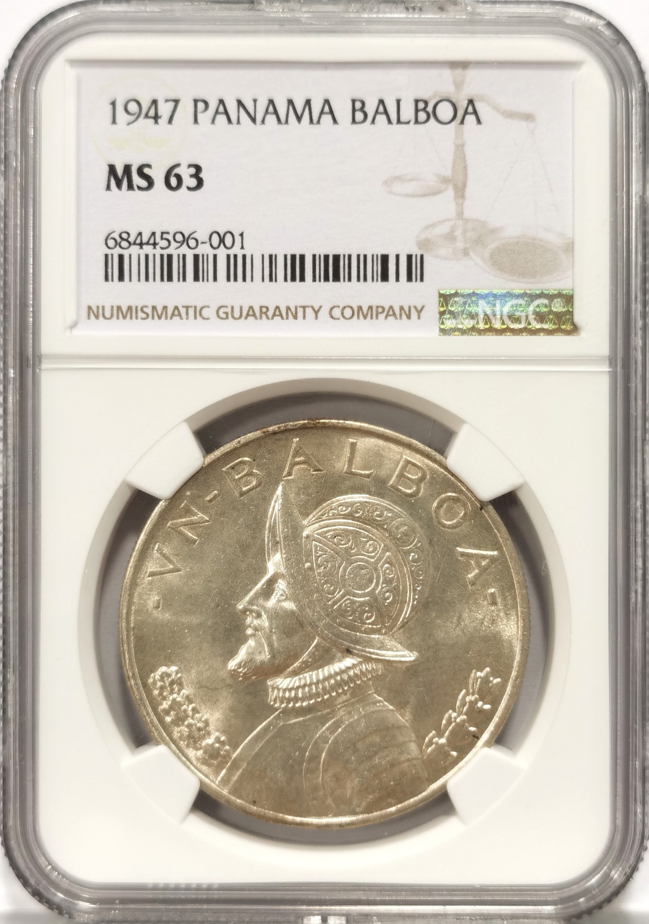 博洋堂世界钱币拍卖第060期（全场包邮） 1947年巴拿马1巴波亚银元NGC-MS63，女神系大主币，原汁原味老包浆，包浆醇厚，打制精美，银光闪闪，车轮强转光，状态极佳，高分精品