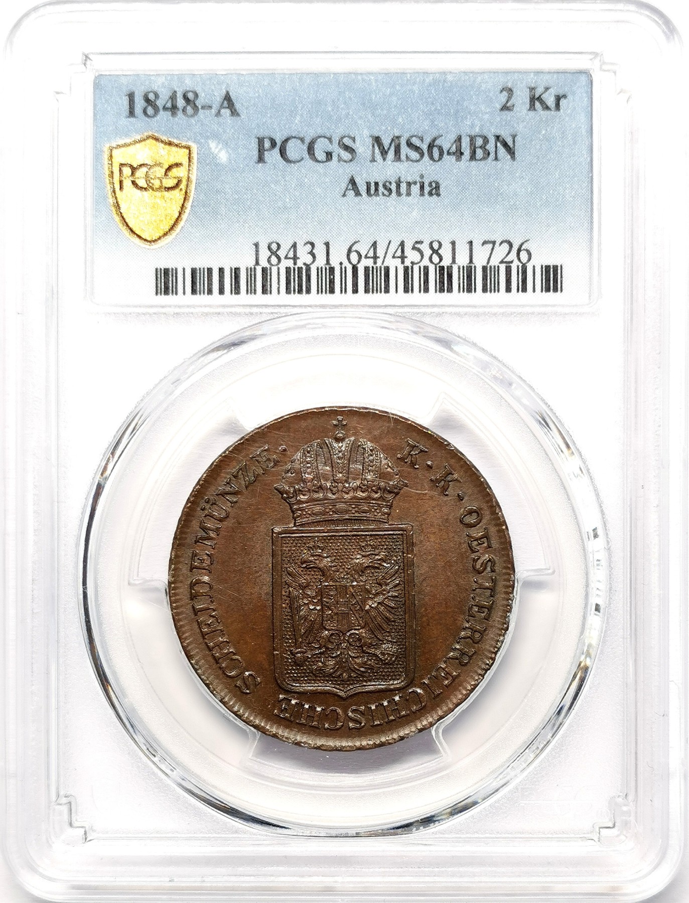 凡希社世界钱币微拍第二百五十八期 1848A奥地利帝国2克鲁泽大铜PCGS-MS64 巧克力包浆，完美的视觉感！