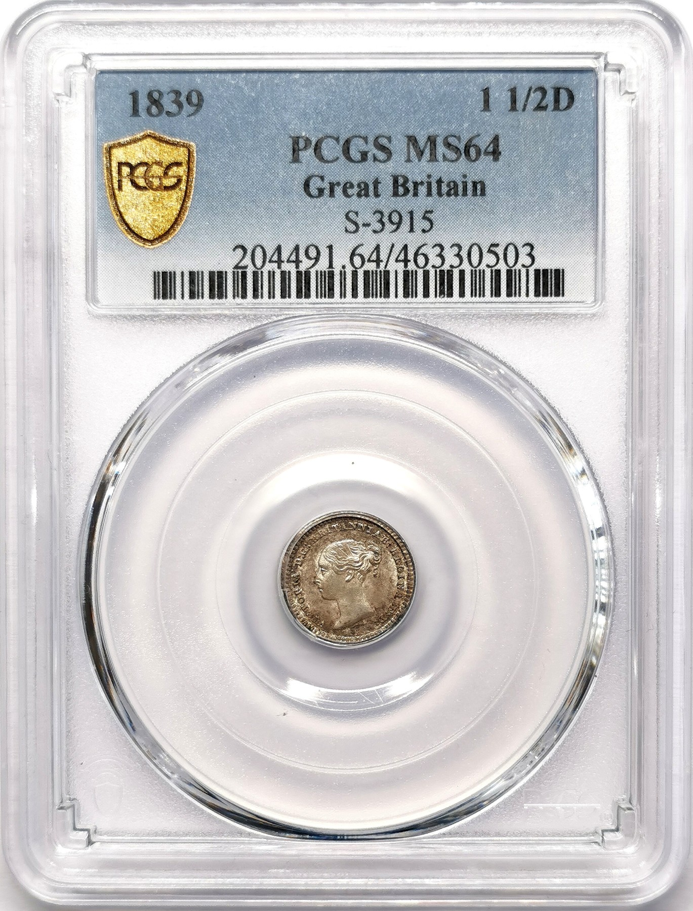 凡希社世界钱币微拍第二百五十八期 1839英国小维1.5便士银币PCGS-MS64 用于锡兰与牙买加，五彩顶级品！