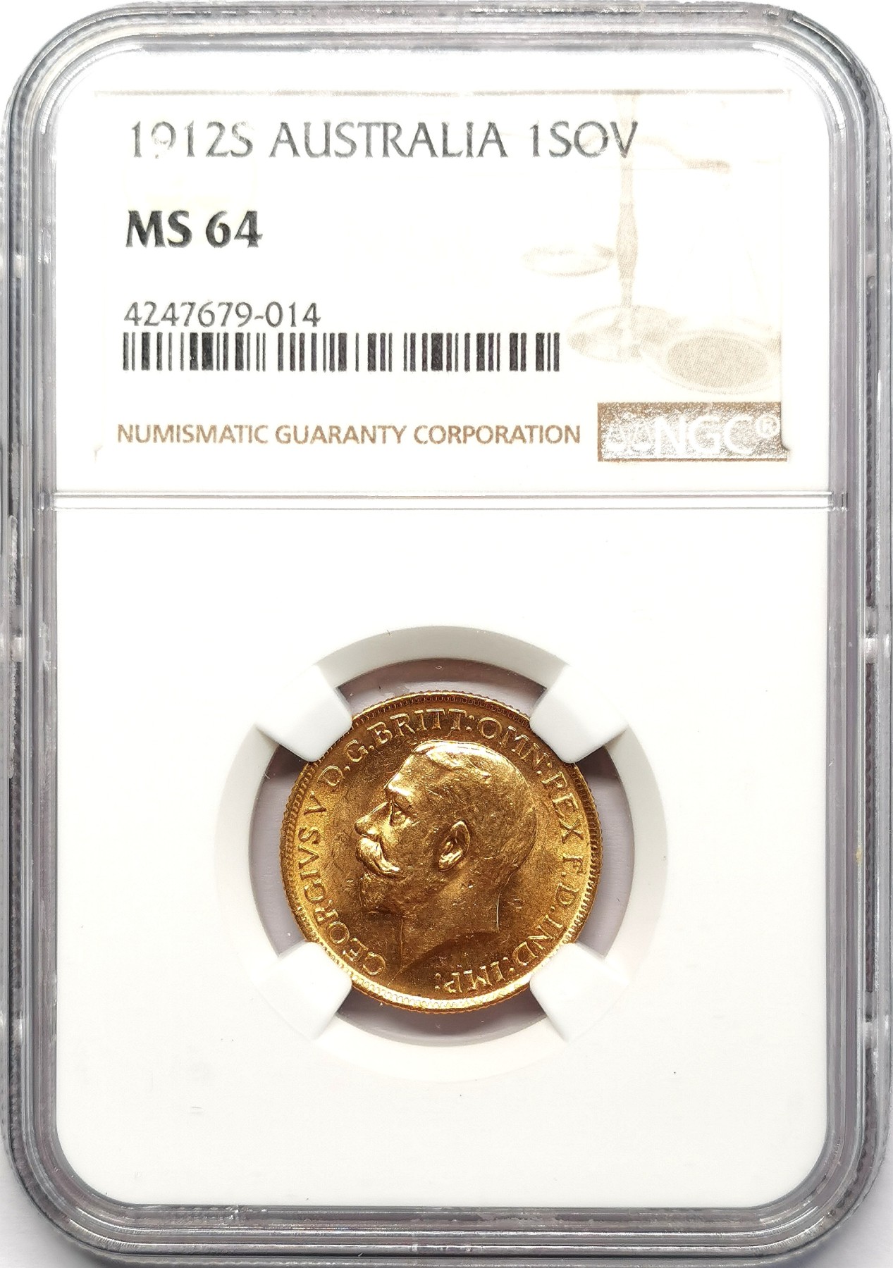 凡希社世界钱币微拍第二百五十八期 1912S澳大利亚乔五索维林金币NGC-MS64 7.988g，917金